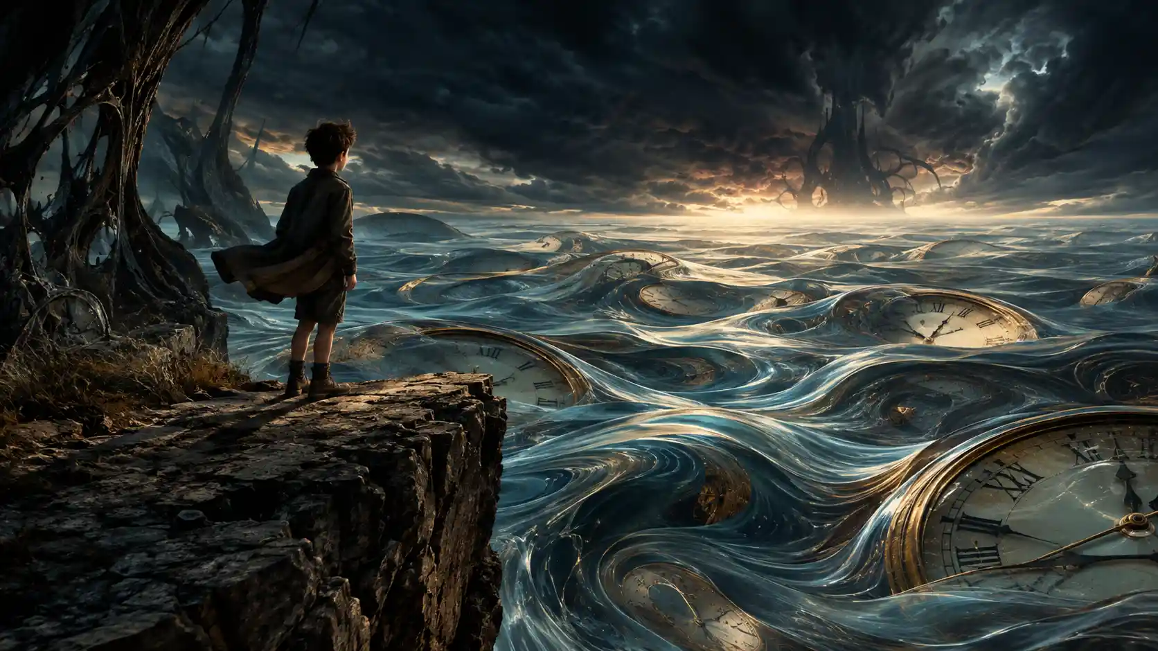 A Boy Surveys a Surreal Ocean of Swirling Time From a Cliff