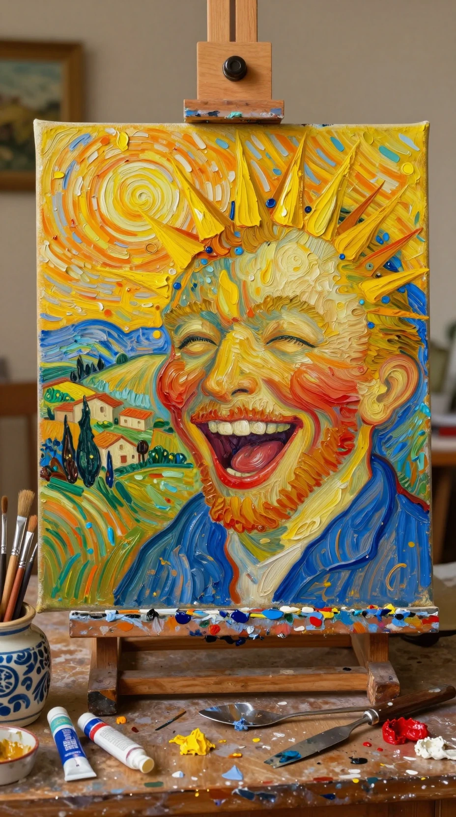 Un volto dipinto e sorridente risplende su una tela appoggiata a un cavalletto