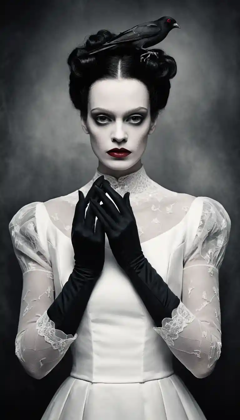 A surreal young woman with dark red lips against smoky gray