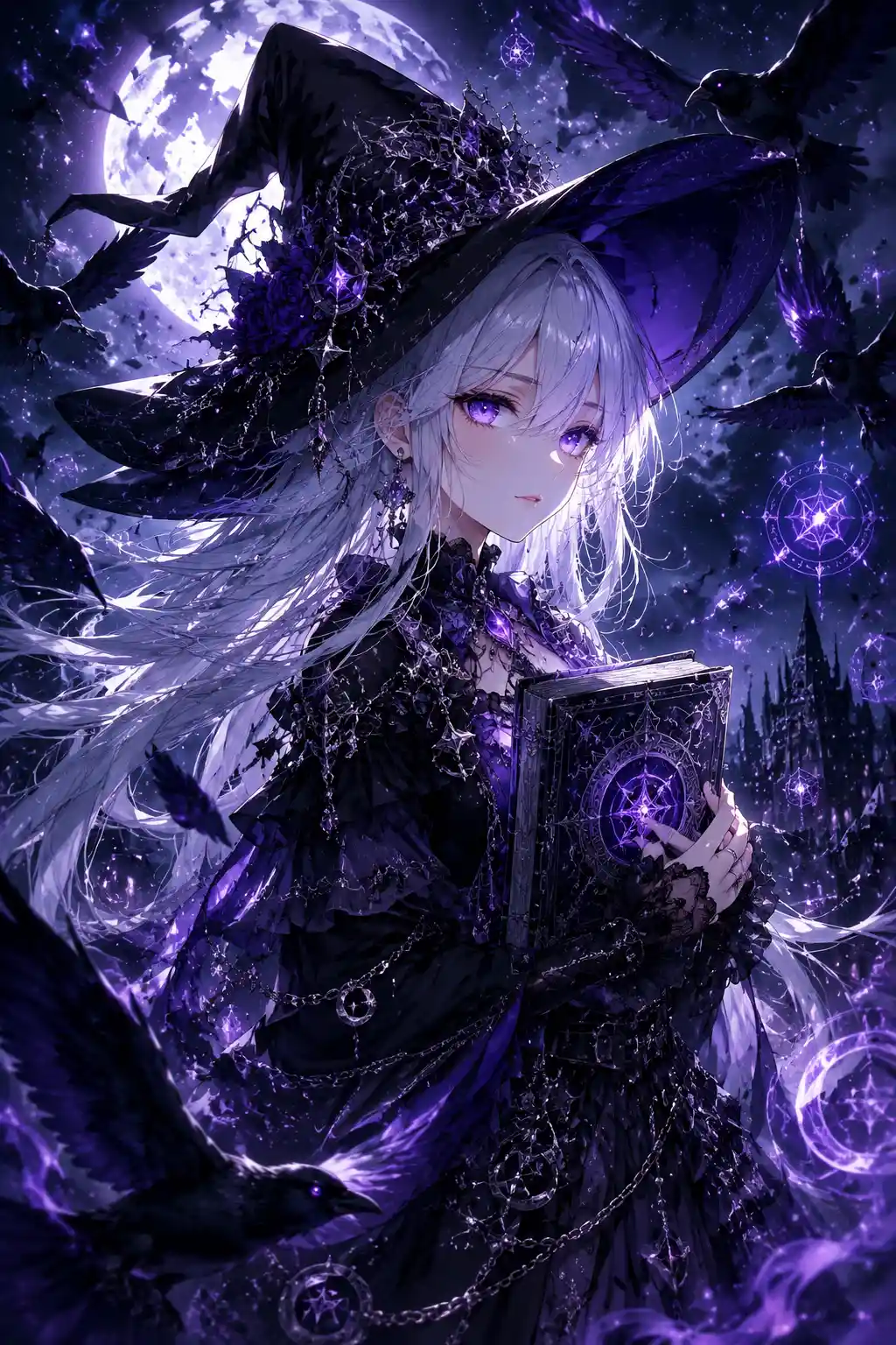 A young anime witch holds an ornate spellbook against her chest