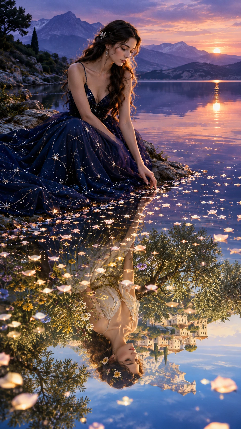 Una mujer está junto a un lago tranquilo al atardecer