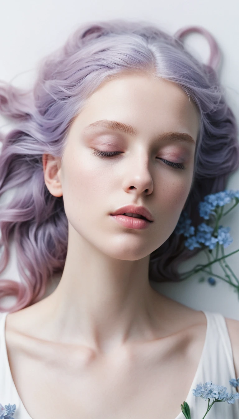 A young woman with flowing pink hair against a white background