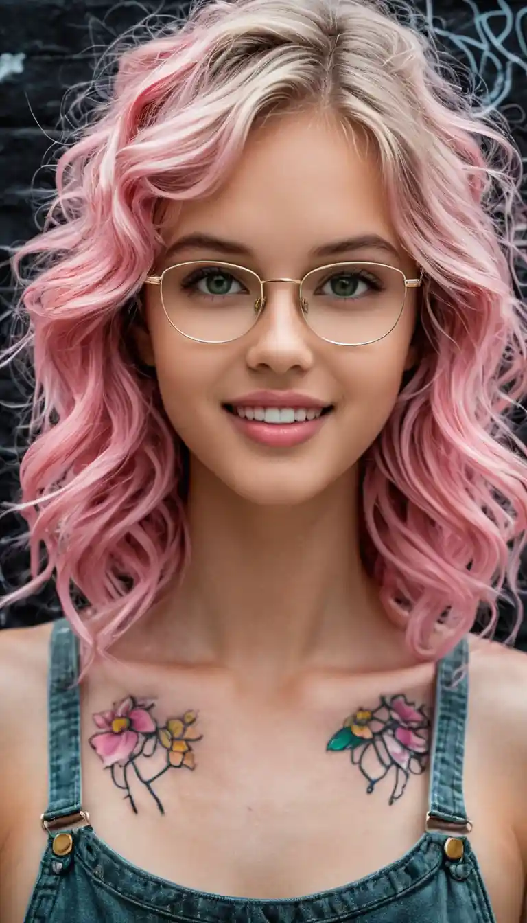 A rain-soaked young woman with pink hair stares into the camera