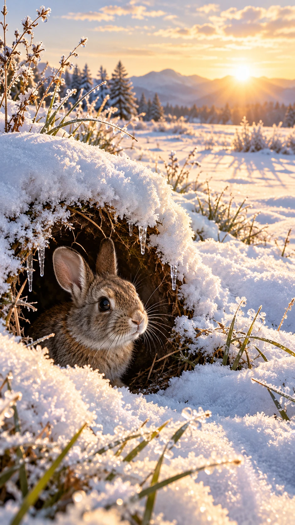 Un conejo curioso asoma desde su madriguera nevada al amanecer