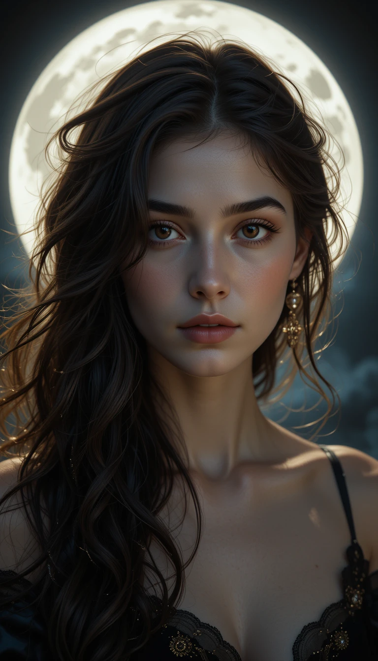 A Woman's Face Glows Beneath Soft Moonlight in a Mysterious Portrait