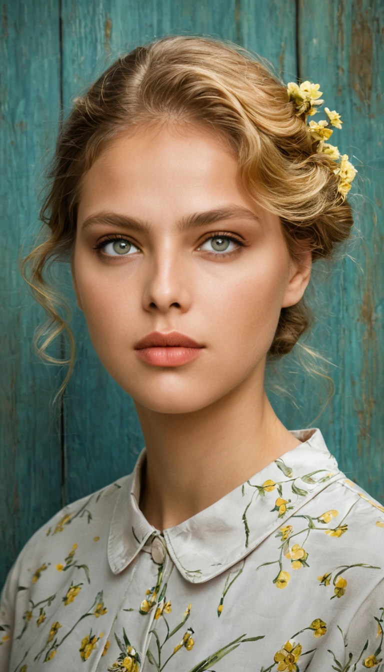 A photorealistic portrait of a blonde woman in a cream satin outfit