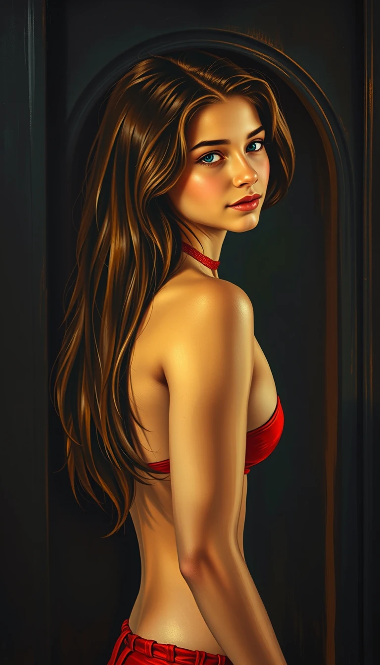Woman in red lace lingerie poses within a shadowed doorway