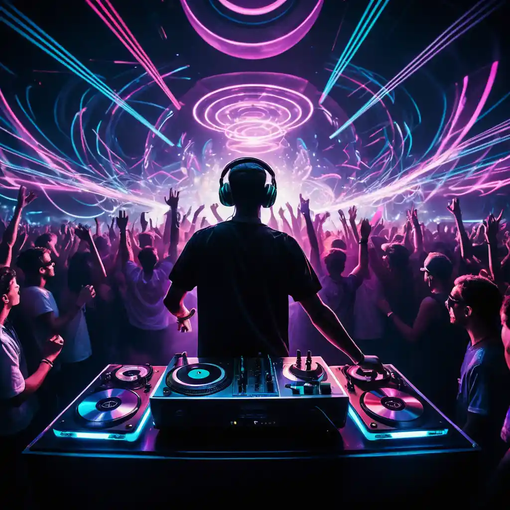 A DJ mixes tracks as ravers dance beneath a neon nightclub light show