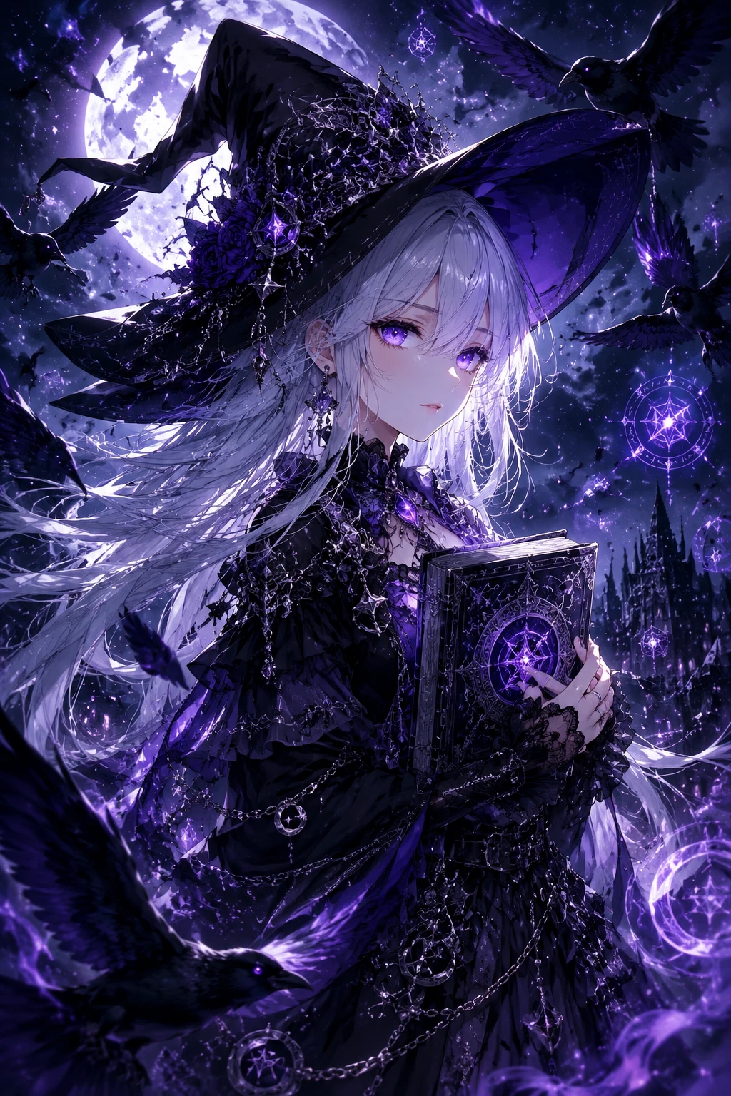 A young anime witch holds an ornate spellbook against her chest