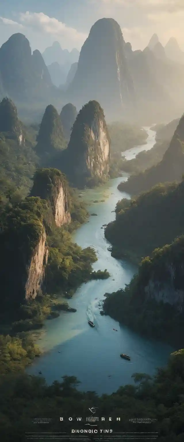A prehistoric poster over flooded karst peaks and migrating birds
