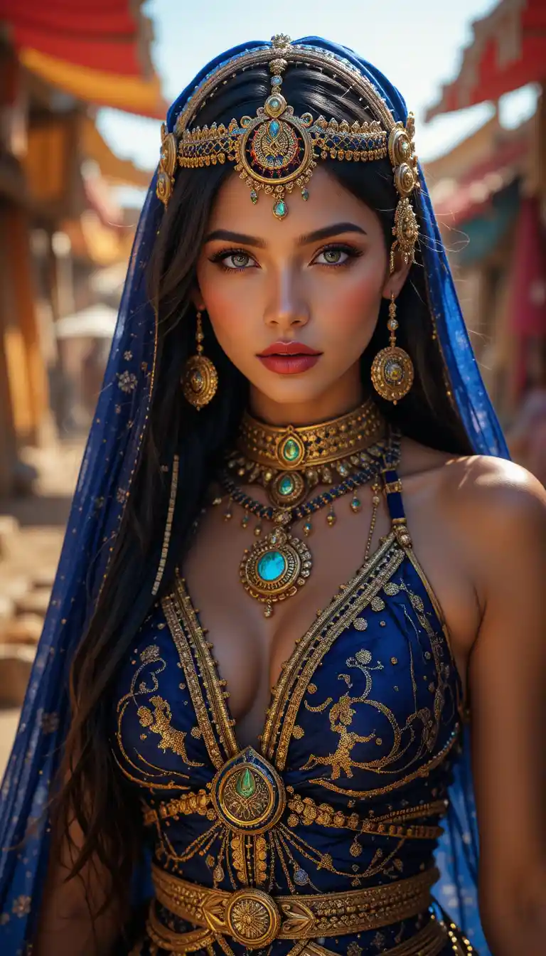 A bedouin warrior princess meets the viewer's gaze in a bustling bazaar
