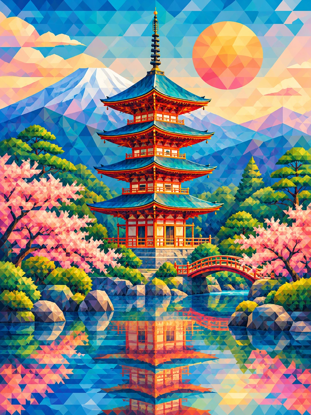 Una pagoda en un sereno paisaje de triángulos coloridos
