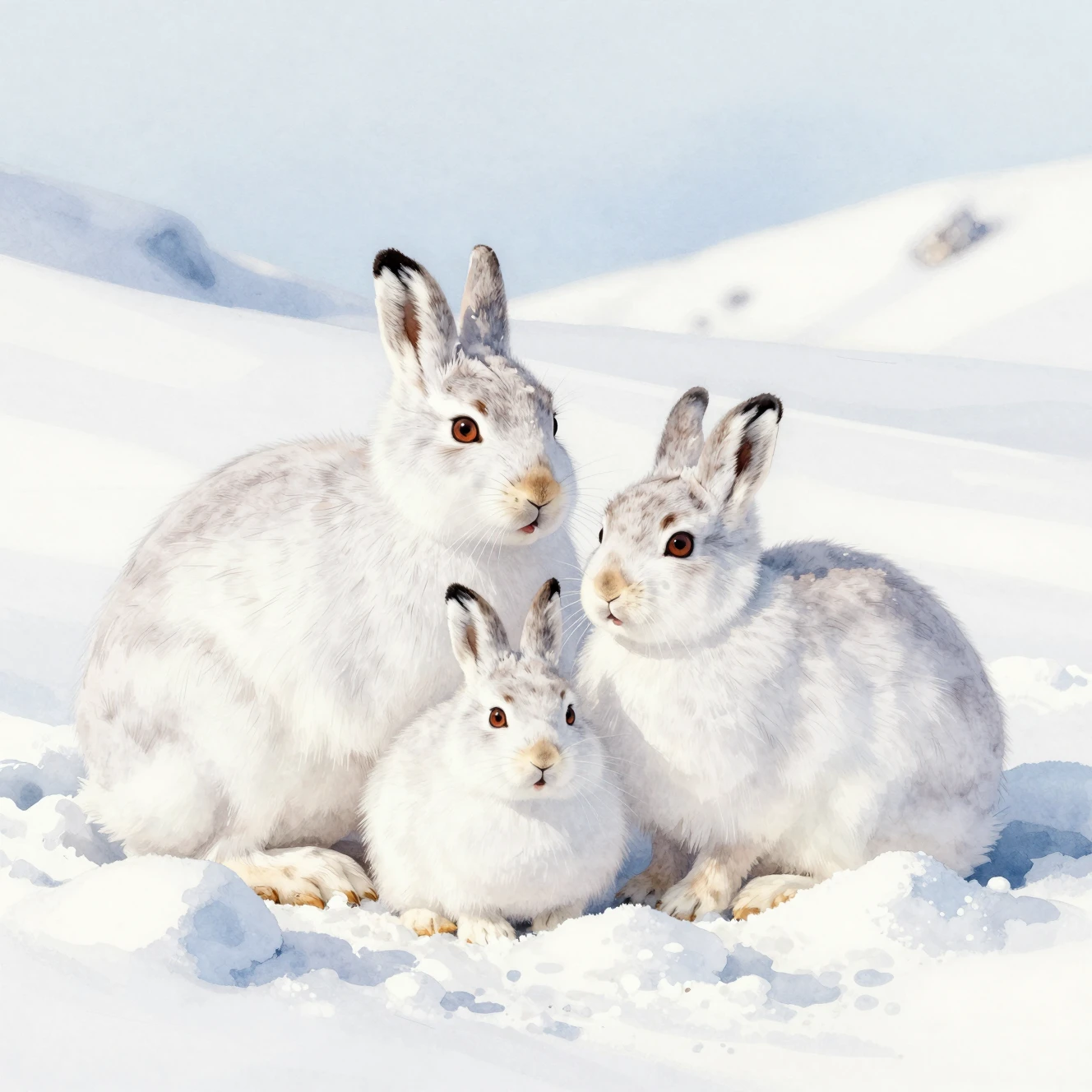 Arctic hares huddle in a snowdrift across a winter landscape