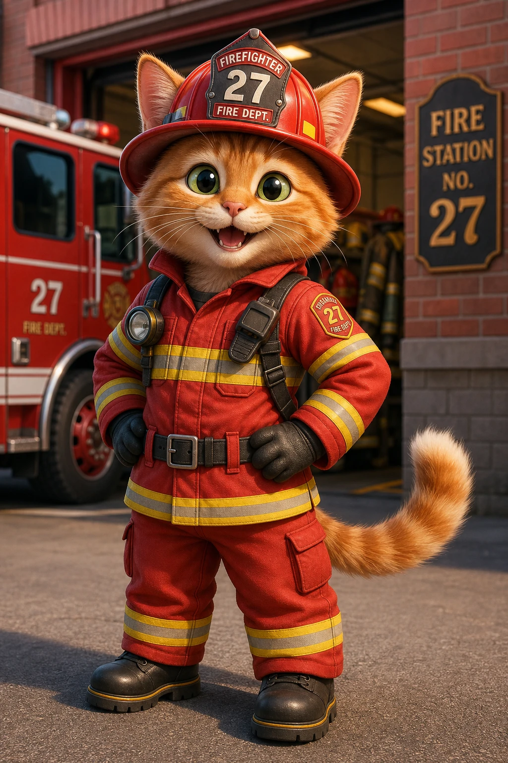 Eine fröhliche Katze steht aufrecht in einer leuchtend roten Feuerwehruniform