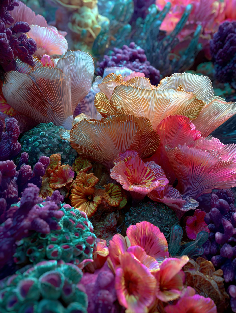 Colorful marine life fills a baroque underwater world