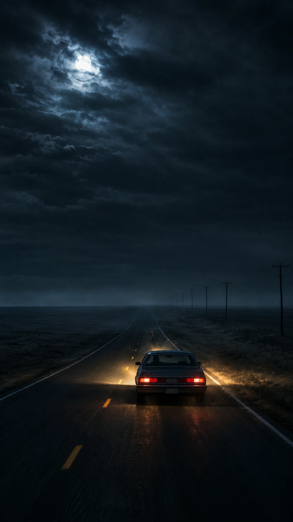An older sedan travels along a lonely Nebraska highway after midnight