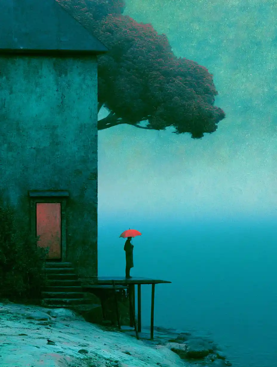 A surreal cityscape in rich, painterly dark colors