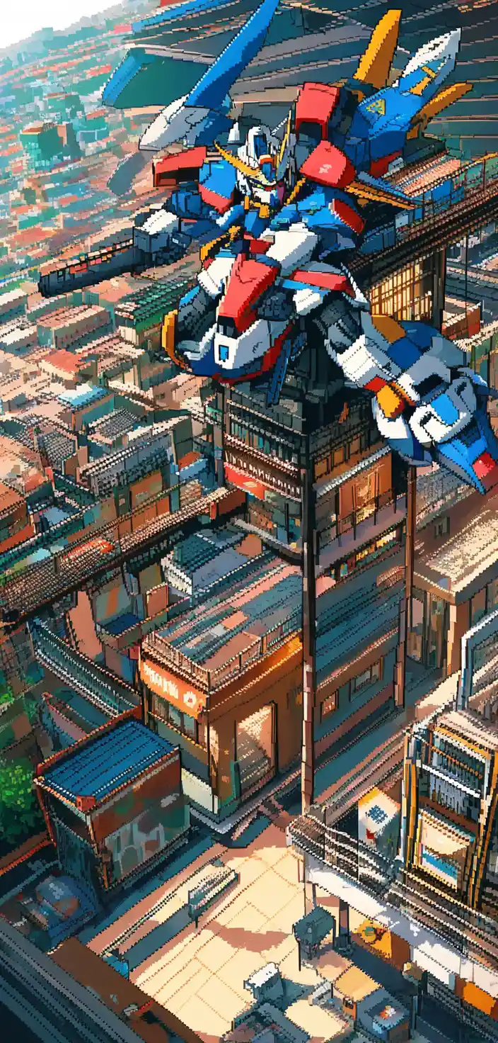 A pixel art girl sits on a ladder in daylight