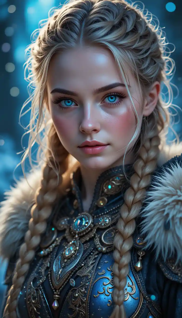 A Nordic girl stands in embroidered Viking armor and a fur-lined cloak