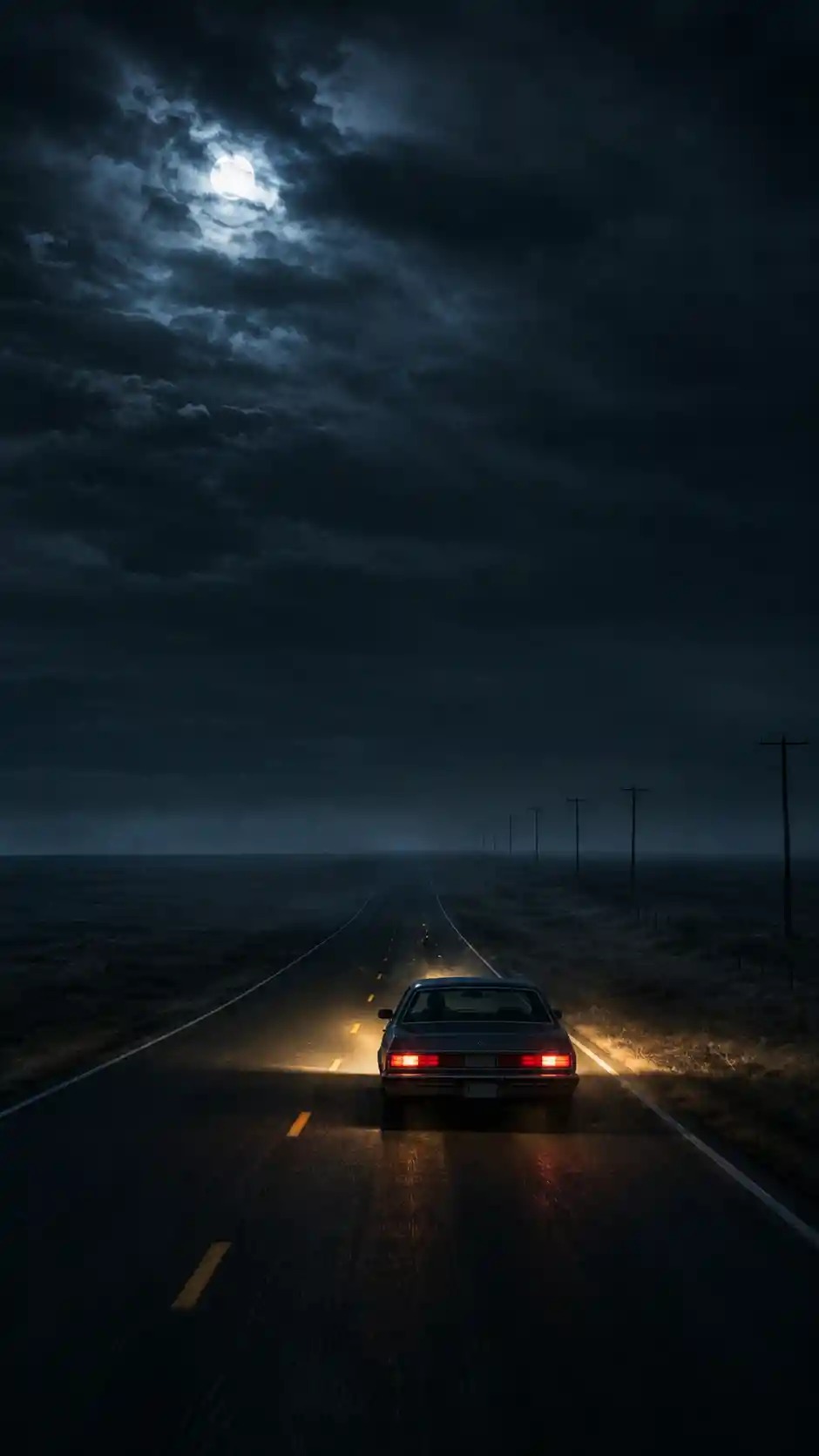 An older sedan travels along a lonely Nebraska highway after midnight