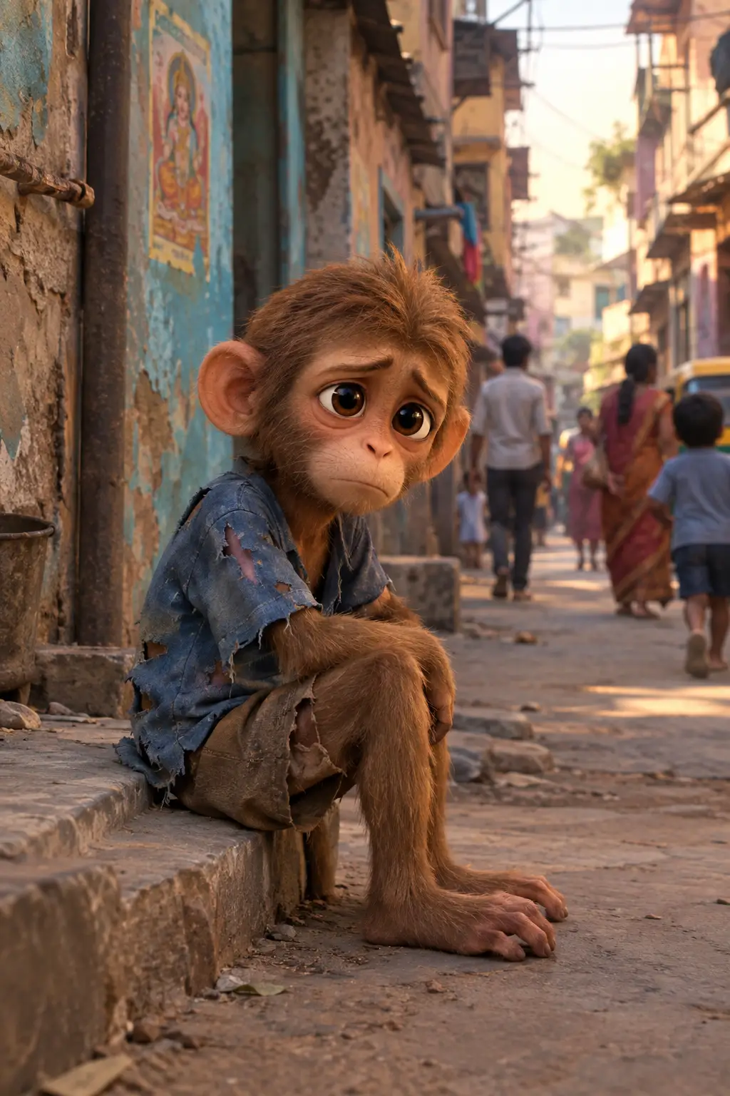 A lonely monkey sits beside a narrow street in an Indian city