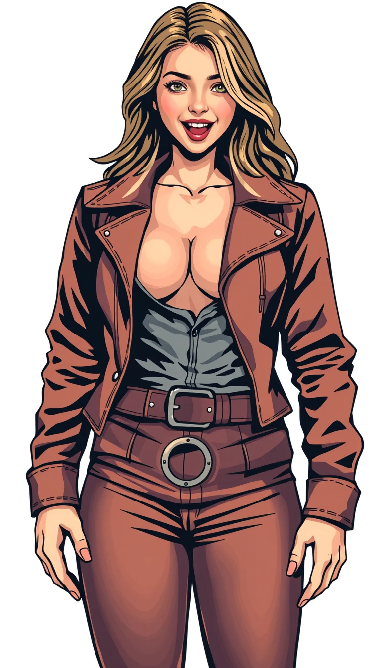 A frontal cowgirl stands with hands on hips against a white background