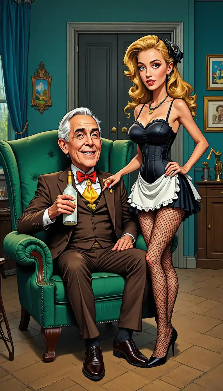 Elderly gentleman holds a white bottle in an emerald armchair