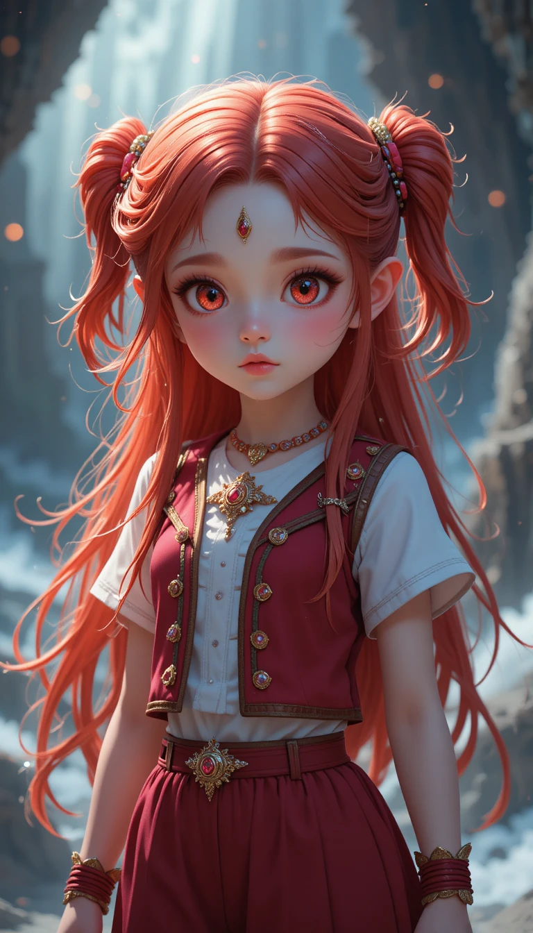 Joven chica de fantasía con ojos color rubí, cabello rojo y cuernos de súcubo