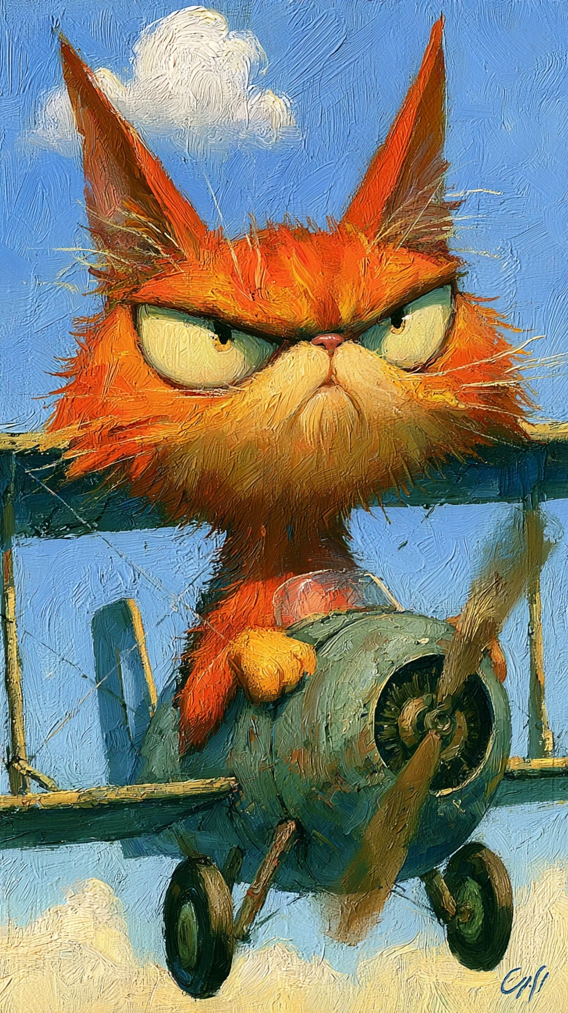 An Orange Kitten Sits in a Miniature Biplane Cockpit Under Blue Sky