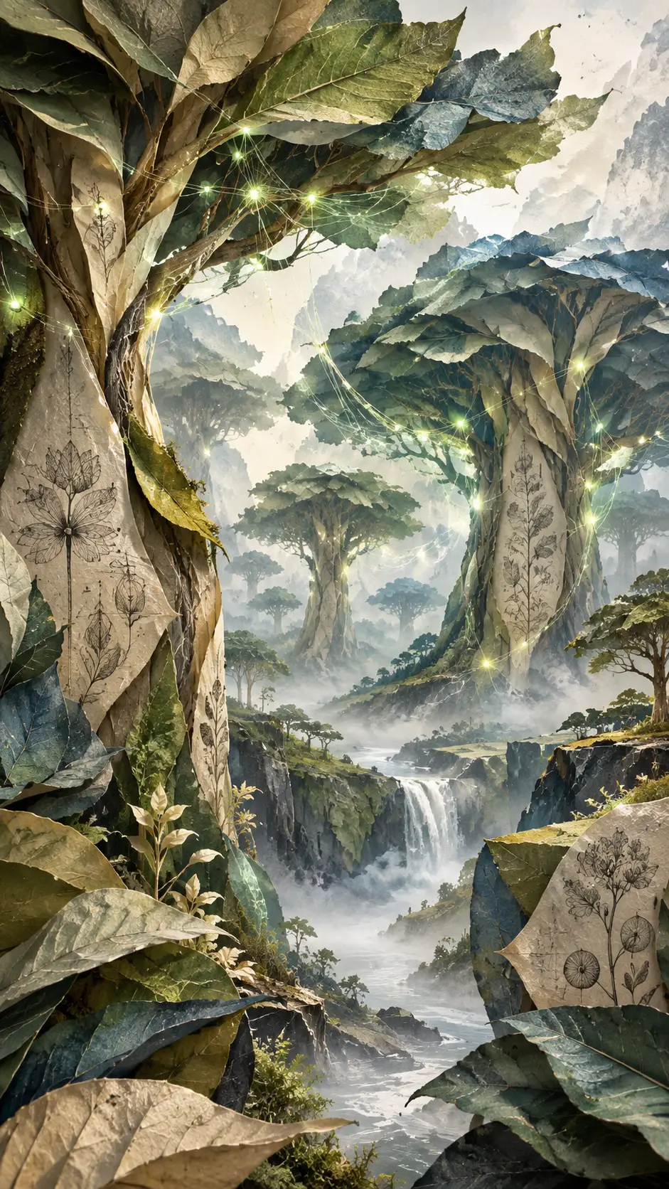 Un bosque de papel en capas, con hilos luminosos entre árboles esculturales