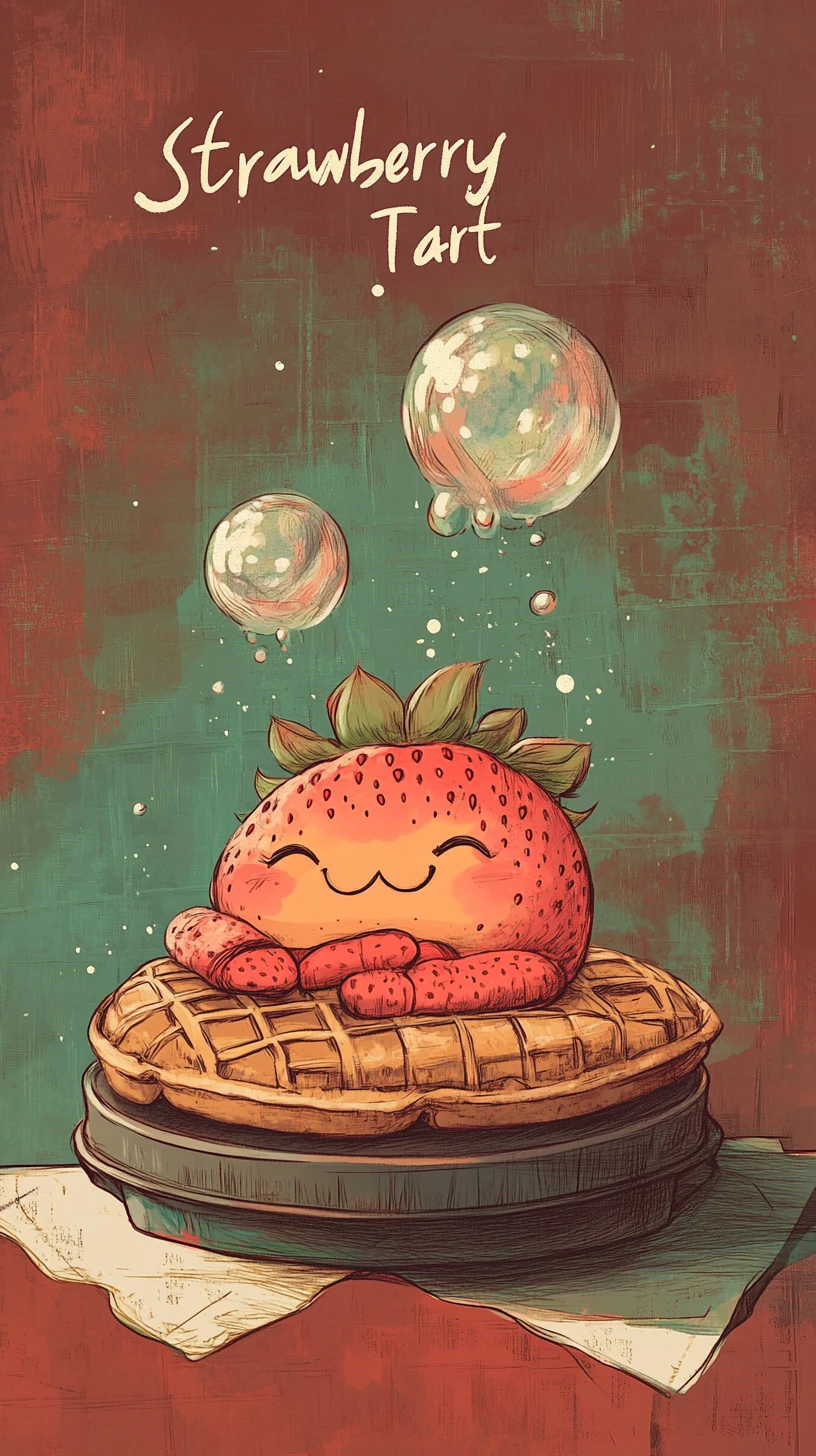 A laughing strawberry character naps atop a waffle iron
