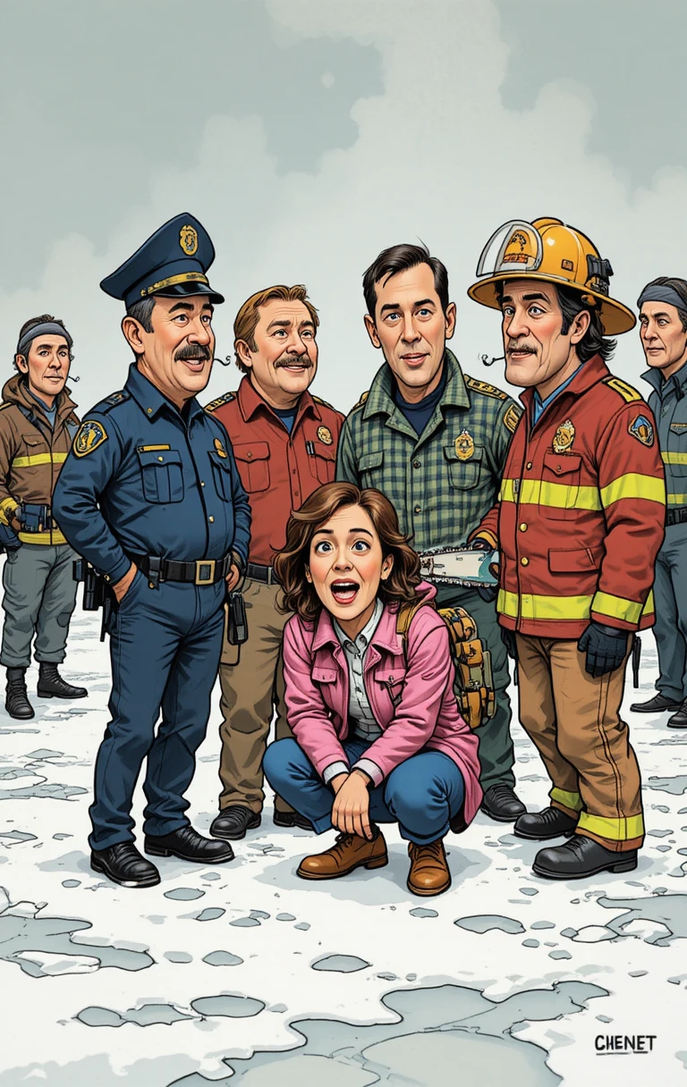 Personaggi dei fumetti affrontano il freddo in un paesaggio invernale innevato