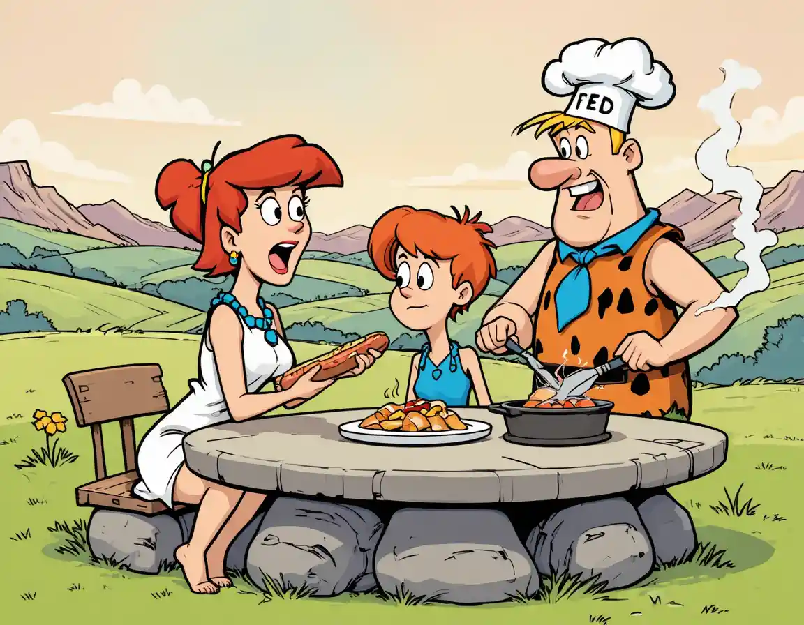 Quattro personaggi dei cartoni animati si godono un divertente picnic all'aperto attorno a un tavolo di pietra
