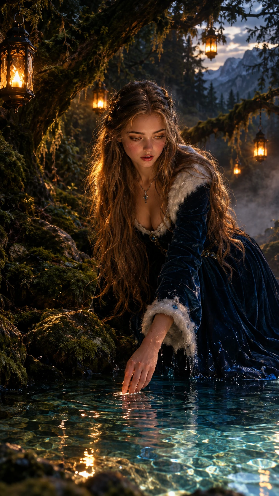 A noblewoman reaches toward a glowing spring in an ancient forest