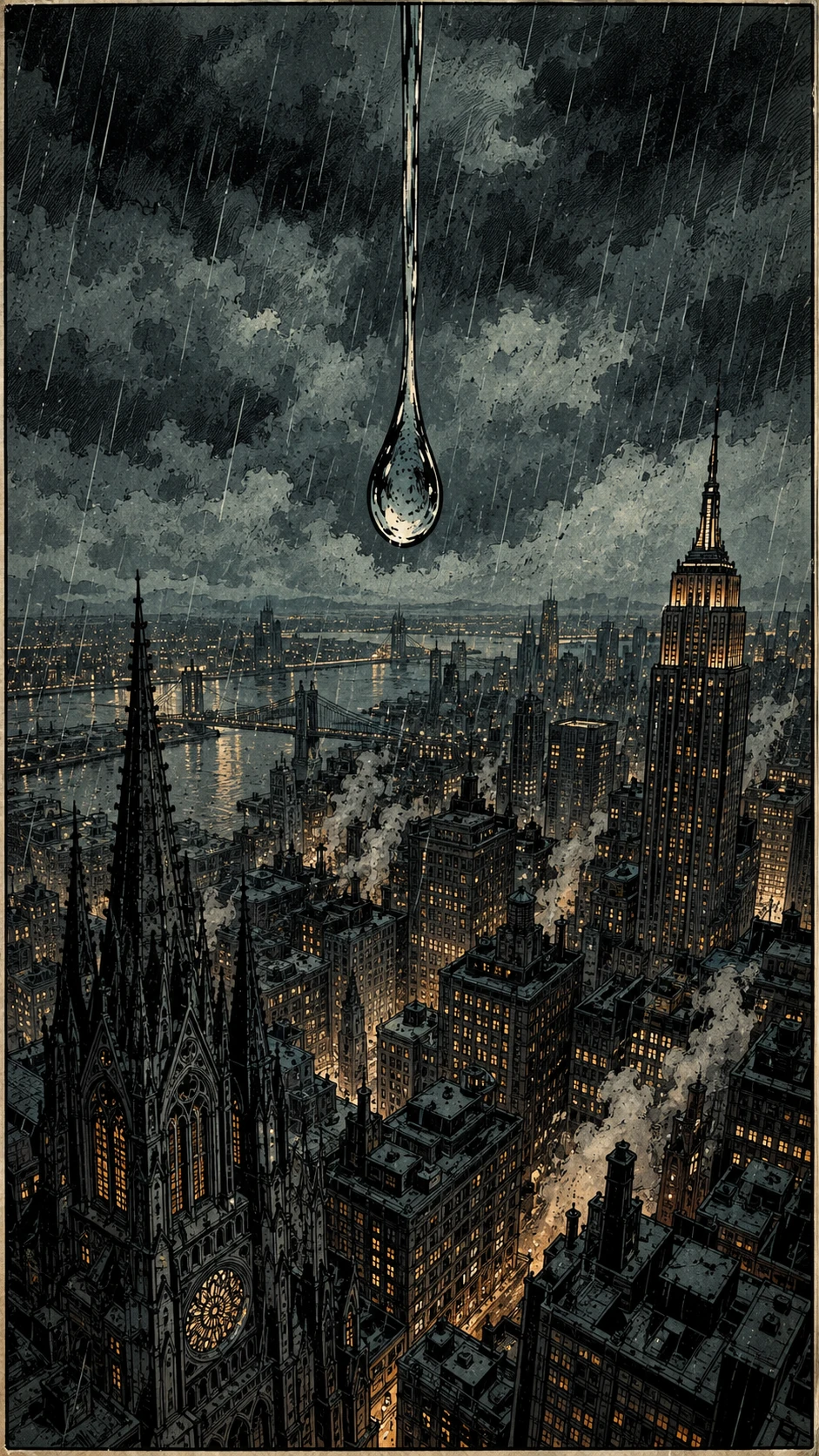 Nueva York bajo la lluvia vista desde arriba al estilo de un cómic vintage
