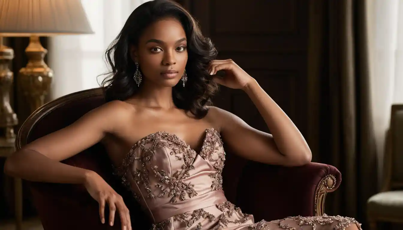 A Young Woman Poses in a Silk Evening Gown