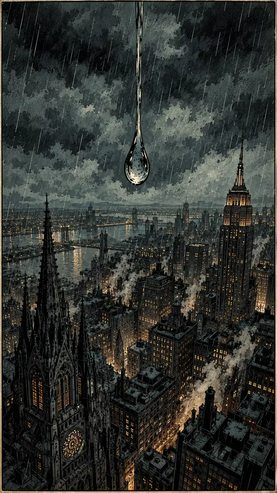 A Rainy New York City Viewed From Above In Vintage Comic Book Style
