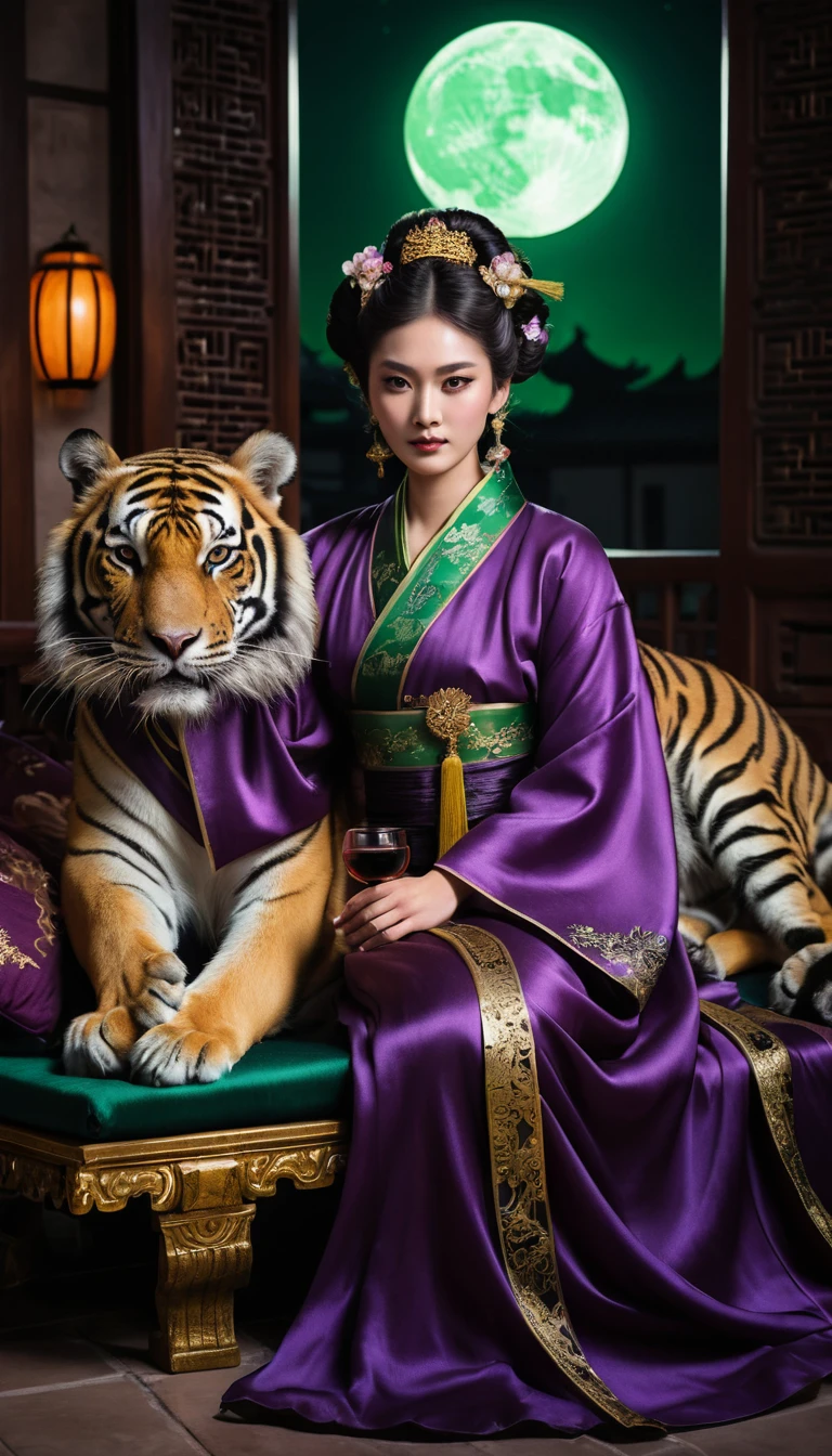 A Tiger Hybrid Woman Holds a Jade Cup Beneath the Palace Moon