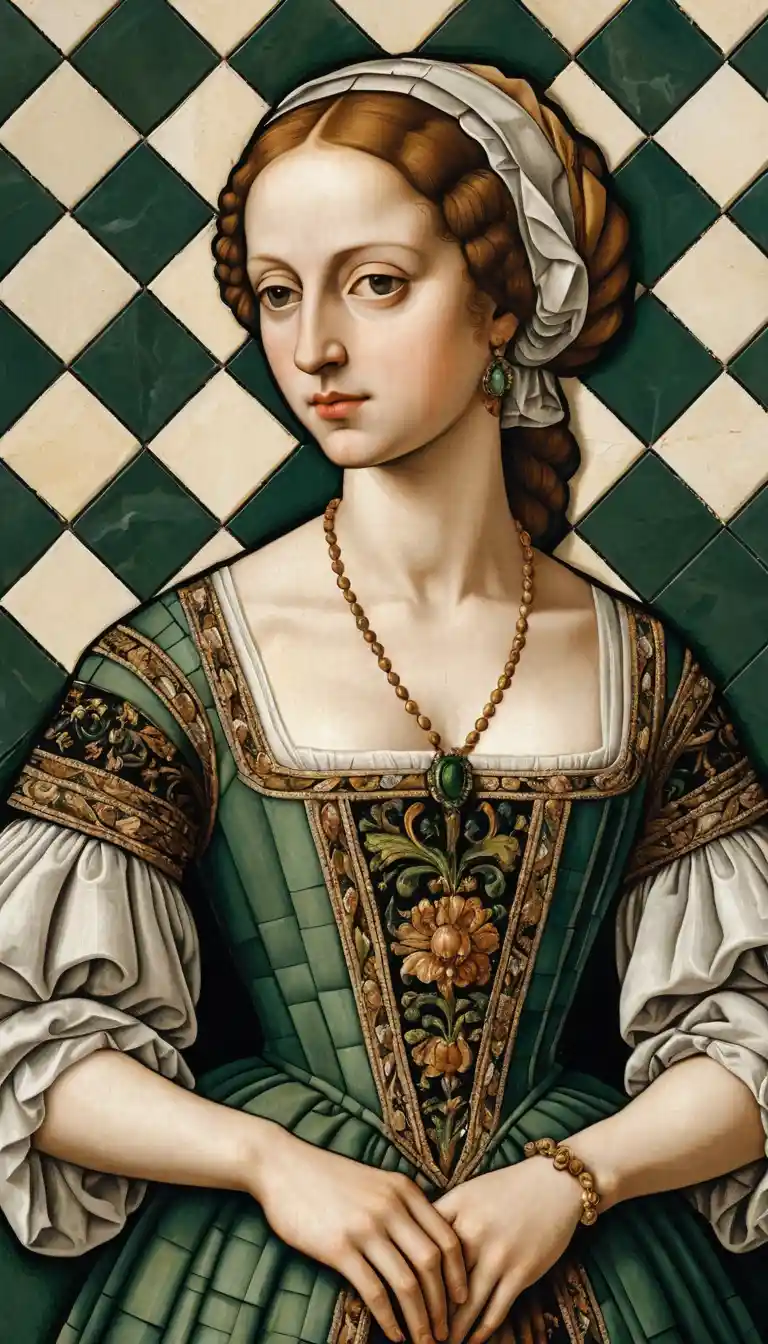 A Renaissance woman in mosaic against a striped tile background