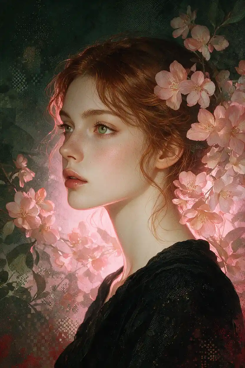 Una donna gotica incorniciata da fiori su uno sfondo verde velato