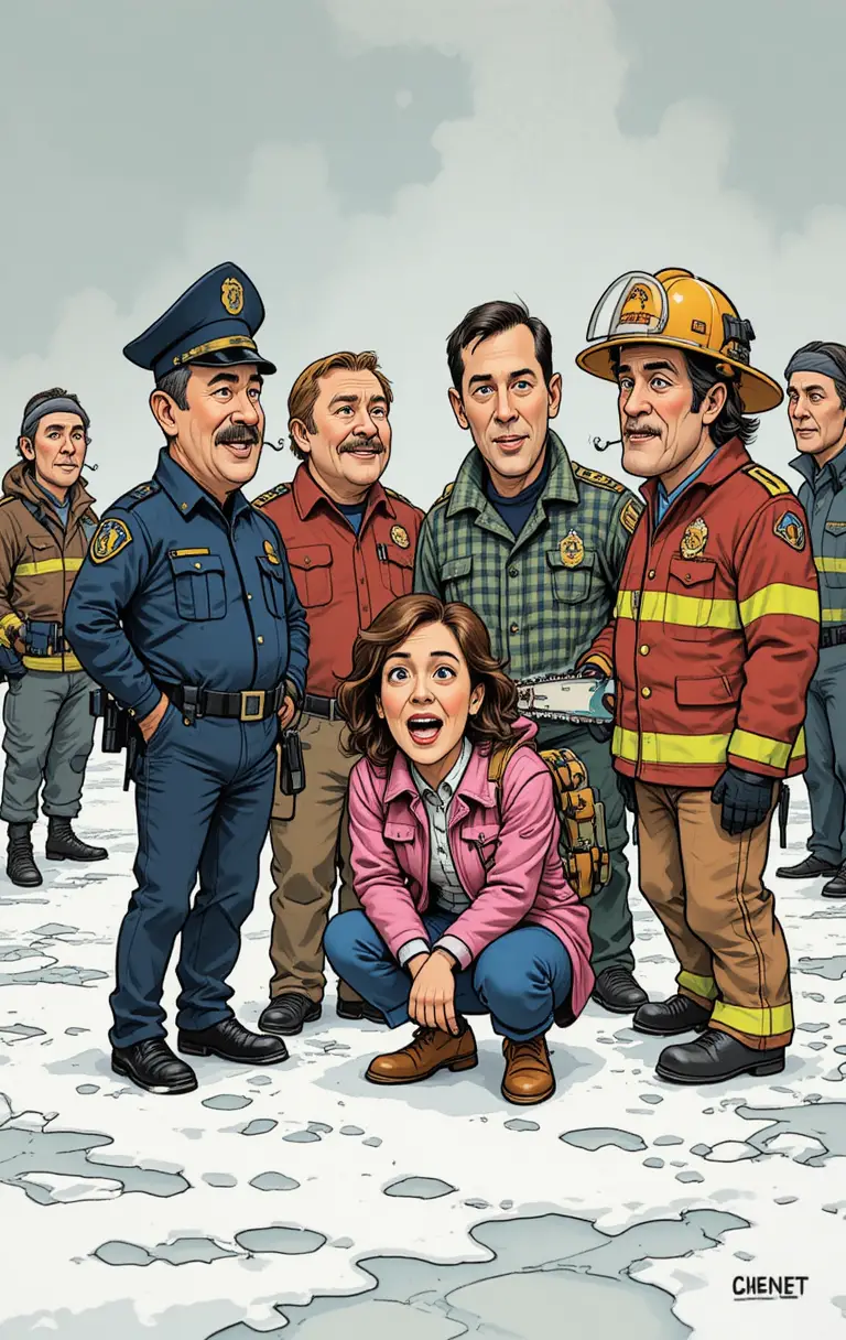 Comicfiguren trotzen der Kälte in einer verschneiten Winterlandschaft