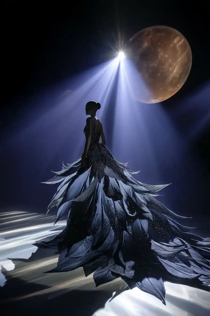 A fashion model poses on a moonlit runway in a cereus-inspired dress