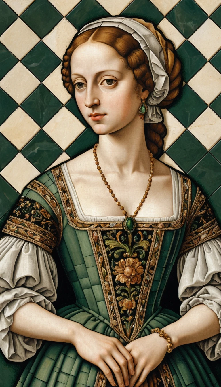 A Renaissance woman in mosaic against a striped tile background