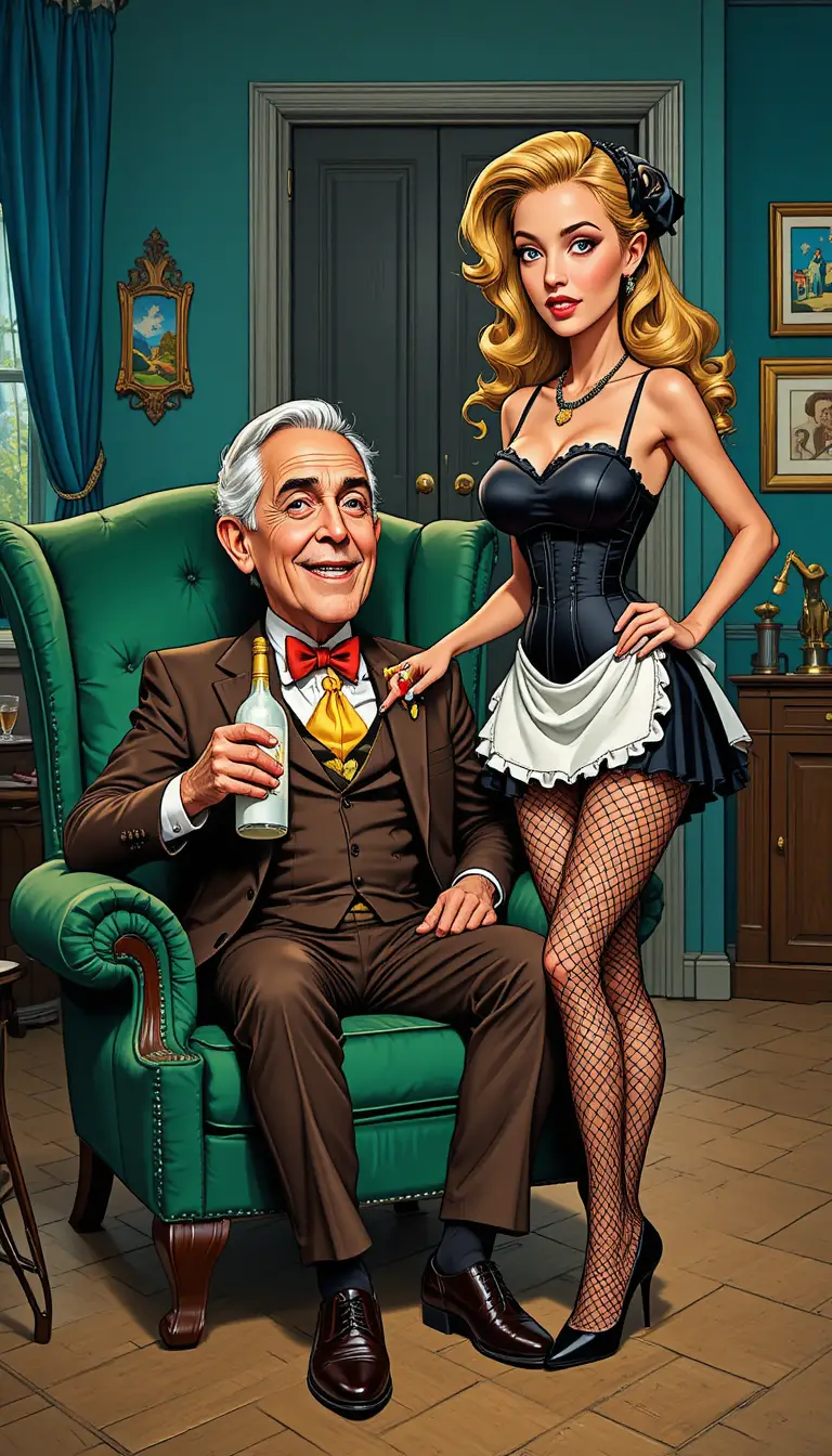 Elderly gentleman holds a white bottle in an emerald armchair