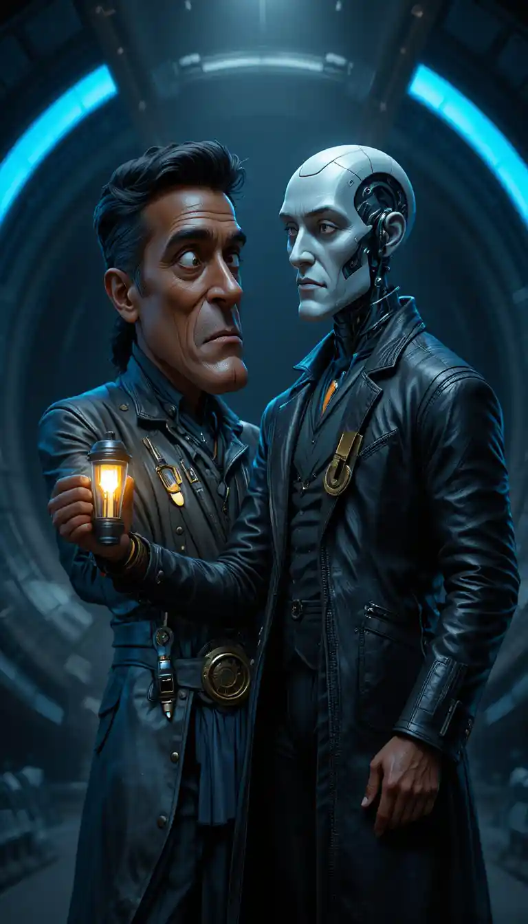 A man studies a towering humanoid robot by flashlight in a futuristic interior