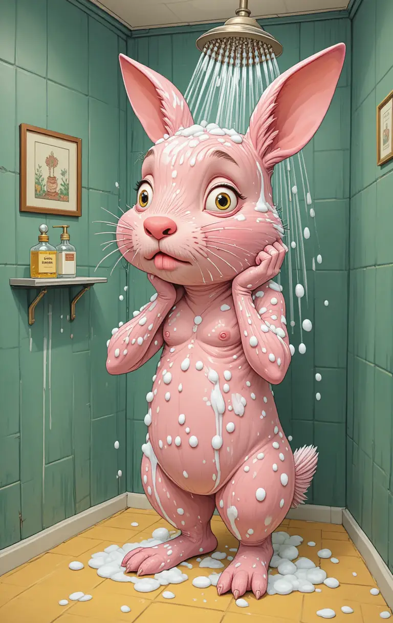 A Pink Rabbit Takes a Bubble-Filled Shower in a Tiled Bathroom