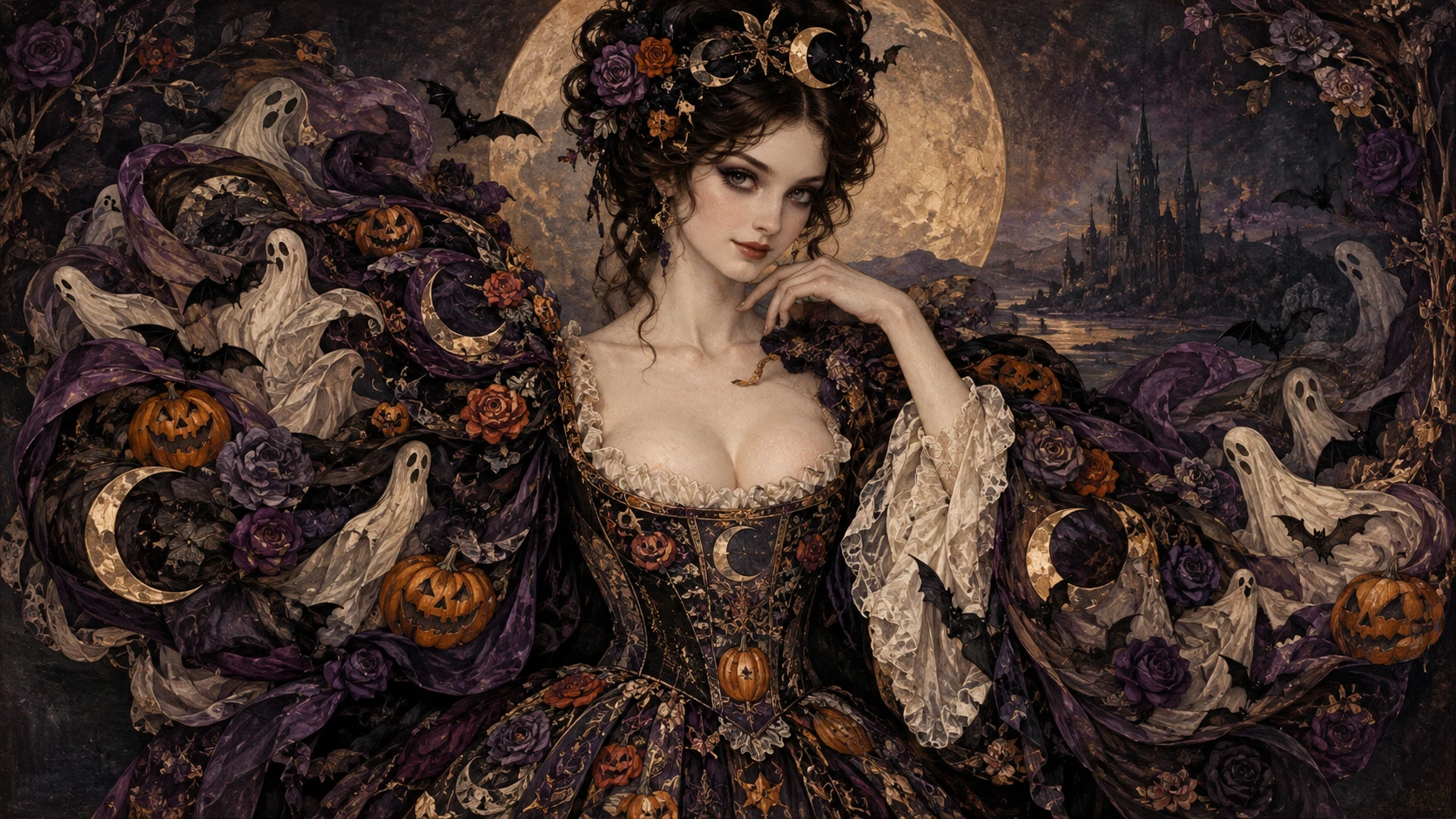 Young woman in an antique Halloween gown with surreal sculpted sleeves
