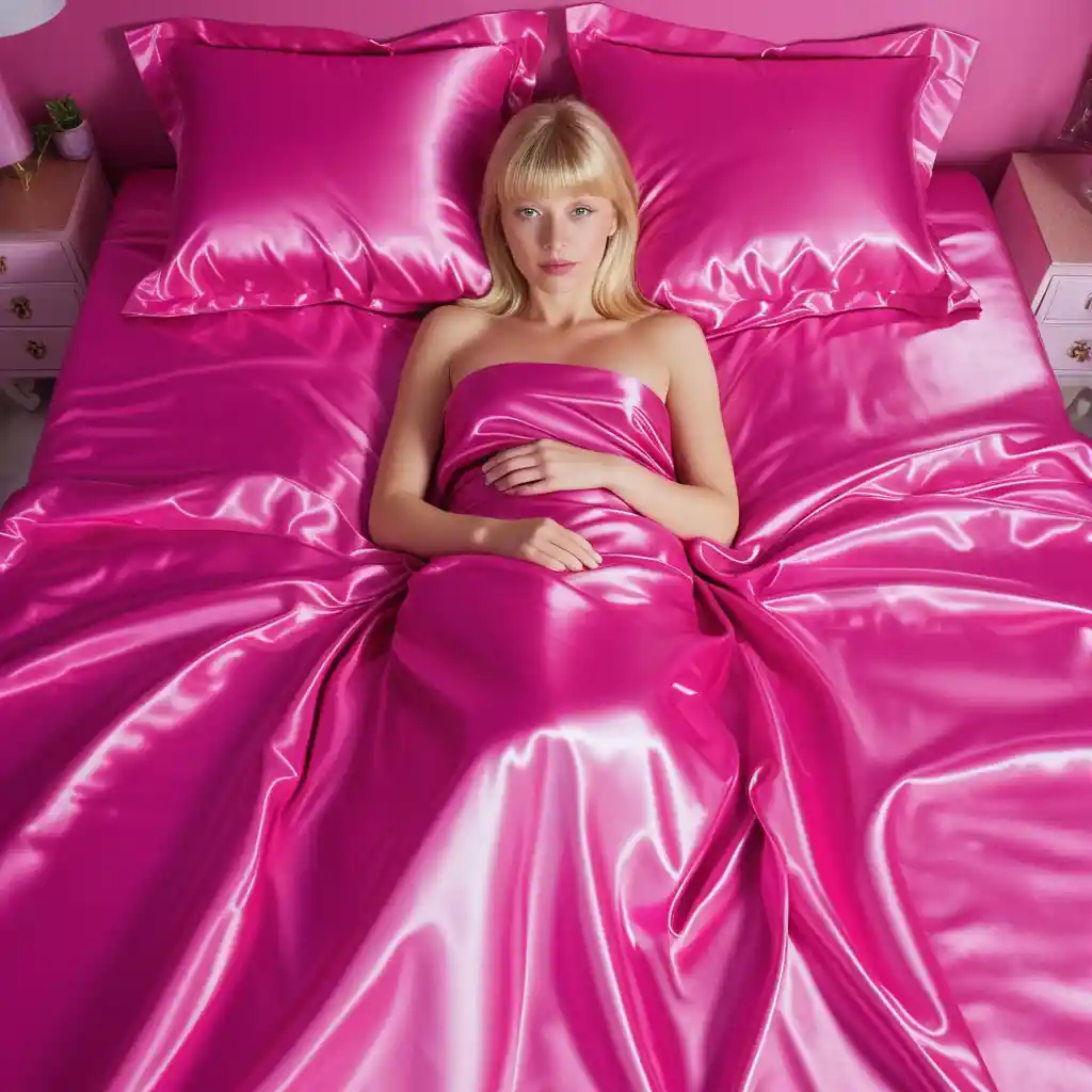 A blonde woman lies beneath glossy hot pink satin bed covers