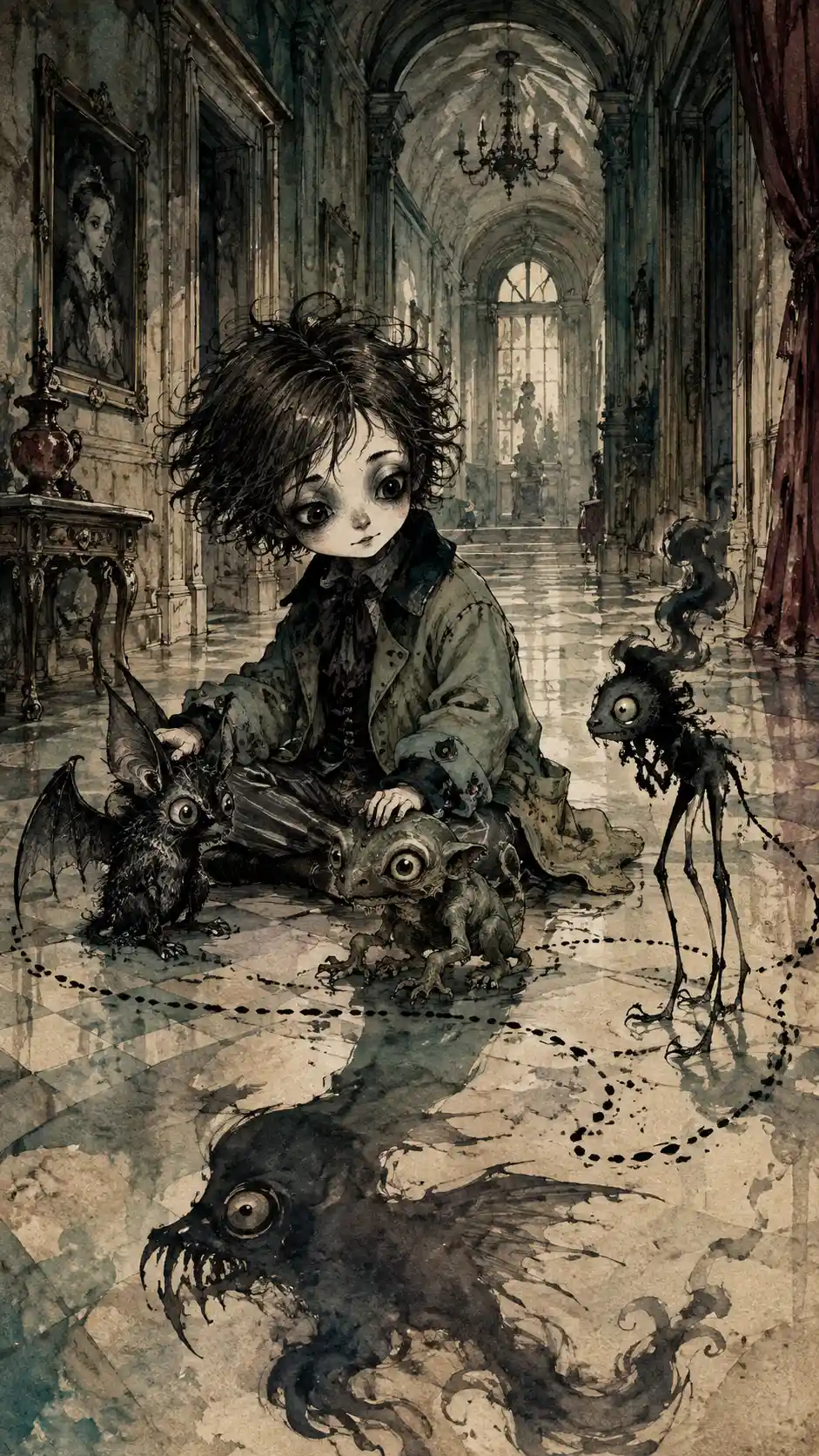 A gothic child sits quietly among three strange miniature creatures