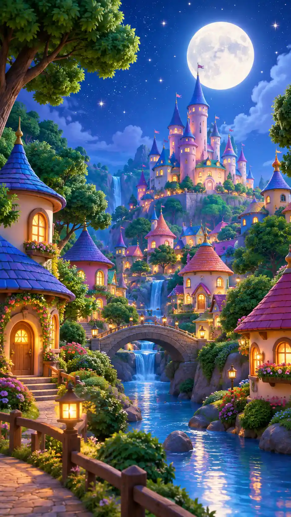A whimsical fairy tale village beneath a starry moonlit sky